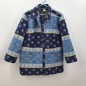 Women's Tapestry Jacket Coat 16W Blue Gold Chenille Brocade Woven Art To Wear
